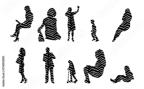 Vector illustration, Outline silhouettes of people, Contour drawing, people silhouette, Icon Set Isolated , Silhouette of sitting people, Architectural set
