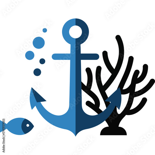 Blue Anchor with Coral and Fish Illustration sea ocean marine nautical underwater black vector graphic design symbol icon maritime ship