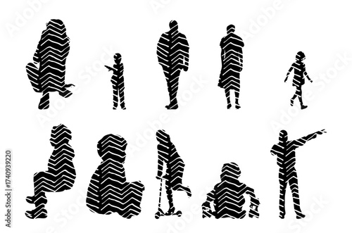 Vector illustration, Outline silhouettes of people, Contour drawing, people silhouette, Icon Set Isolated , Silhouette of sitting people, Architectural set