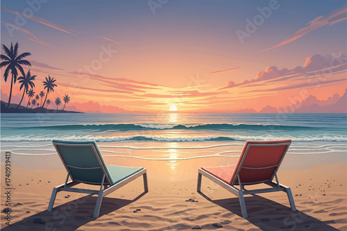 Serene sunset over a tropical beach landscape