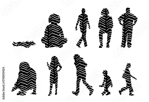 Vector illustration, Outline silhouettes of people, Contour drawing, people silhouette, Icon Set Isolated , Silhouette of sitting people, Architectural set