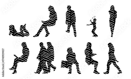 Vector illustration, Outline silhouettes of people, Contour drawing, people silhouette, Icon Set Isolated , Silhouette of sitting people, Architectural set