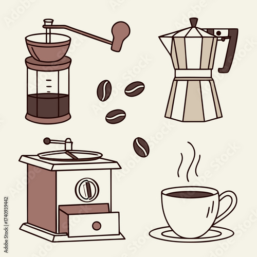 A charming collection of vintage coffee making tools including manual grinders a moka pot coffee beans and a steaming cup of coffee