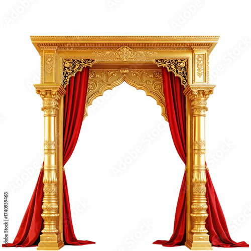 Opulent golden archway with draped red fabric, perfect for adding a touch of regal elegance and dramatic flair to your creative projects
