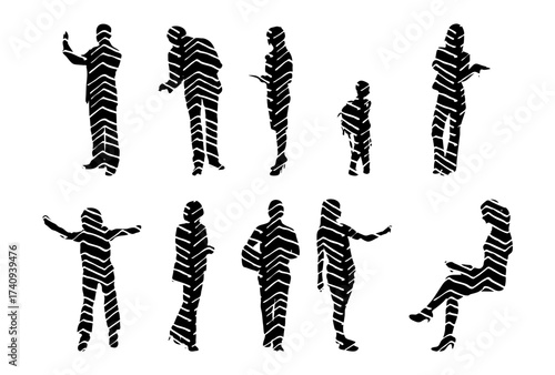 Vector illustration, Outline silhouettes of people, Contour drawing, people silhouette, Icon Set Isolated , Silhouette of sitting people, Architectural set