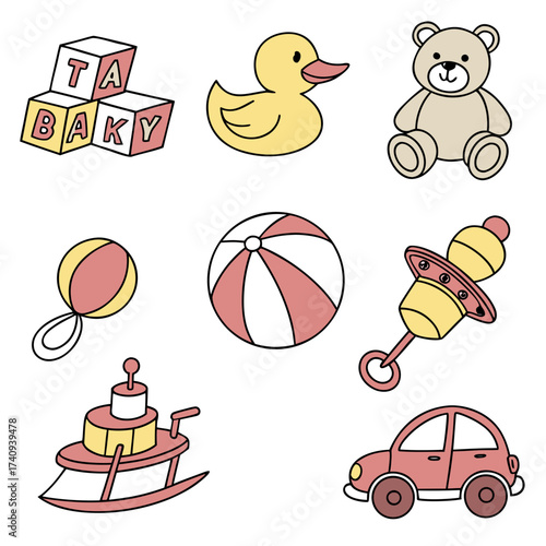 A collection of cute baby toys including blocks a teddy bear a rubber duck a ball a rattle a walker and a toy car