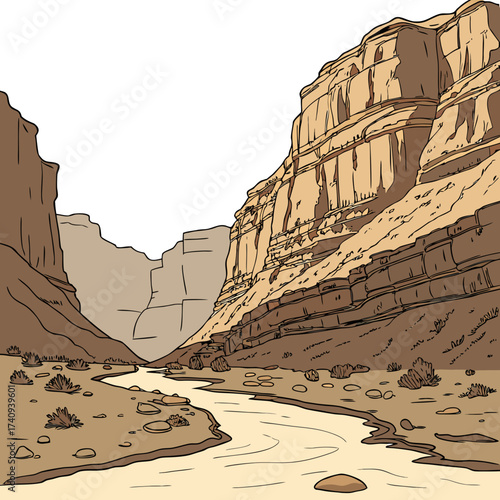 A stylized illustration of a winding river flowing through a vast canyon with layered rock formations and sparse desert vegetation under a white sky