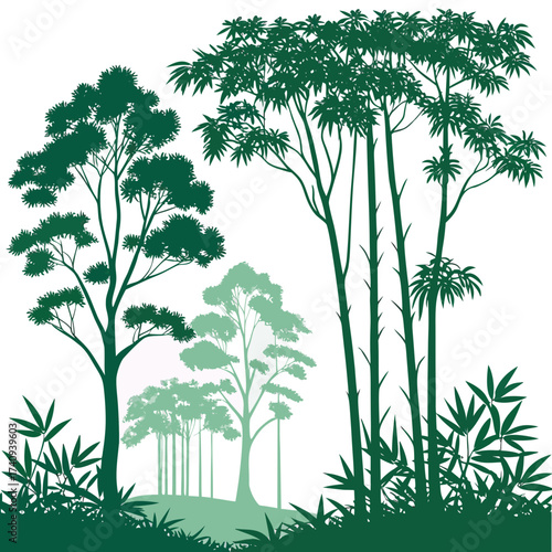 A stylized silhouette illustration of a lush forest scene featuring various trees and bamboo plants in different shades of green against a white background