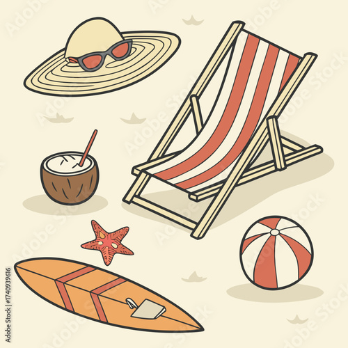 A vibrant collection of beach essentials including a striped deck chair sun hat with sunglasses coconut drink surfboard starfish and beach ball on a light background
