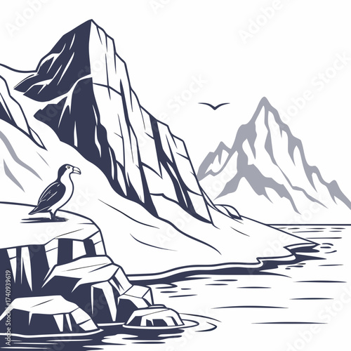 A solitary bird stands on rocky cliffs overlooking the ocean with majestic mountains in the background under a clear sky