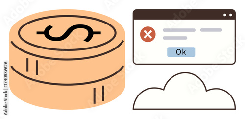 Stack of coins, error dialog box with Ok button, and cloud element. Ideal for finance, cloud computing, digital payment, error management, software alert fintech cybersecurity concepts. Simple flat