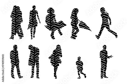 Vector illustration, Outline silhouettes of people, Contour drawing, people silhouette, Icon Set Isolated , Silhouette of sitting people, Architectural set
