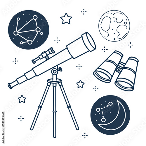 Astronomy equipment including a telescope and binoculars surrounded by stars constellations and celestial bodies like the moon and crescent moon
