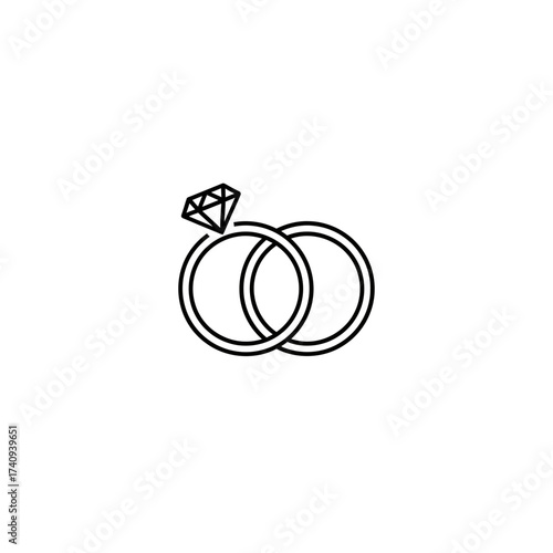 Outline illustration of two interlocking wedding rings with a diamond on one of the rings design