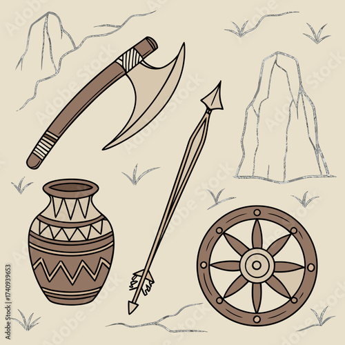 Ancient artifacts including an axe spear pottery and a wheel set against a rustic background with mountains and grass