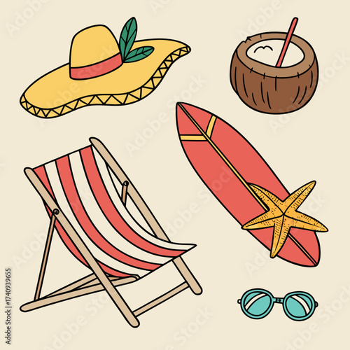 A vibrant collection of summer beach vacation essentials including a straw hat deck chair surfboard with starfish coconut drink and sunglasses on a light background