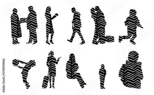 Vector illustration, Outline silhouettes of people, Contour drawing, people silhouette, Icon Set Isolated , Silhouette of sitting people, Architectural set