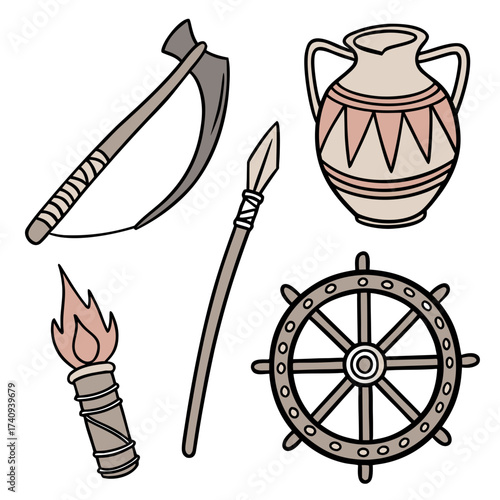 Collection of ancient artifacts including a bow spear amphora torch and ship s wheel hand drawn style