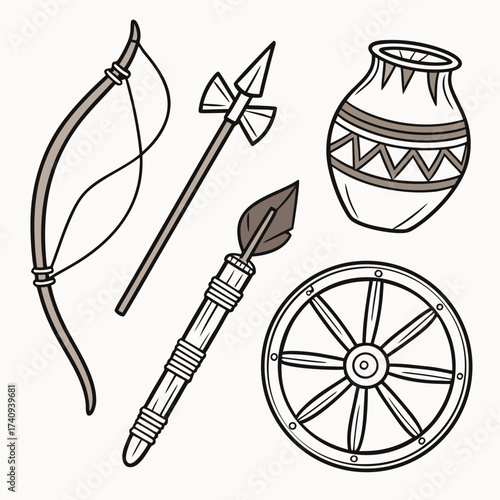 Collection of ancient primitive tools and artifacts including a bow and arrow spears a decorated pot and a wheel on a white background