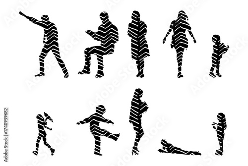 Vector illustration, Outline silhouettes of people, Contour drawing, people silhouette, Icon Set Isolated , Silhouette of sitting people, Architectural set