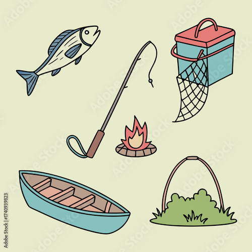 Collection of hand drawn fishing and camping elements including a fish fishing rod campfire tackle box net boat and grass
