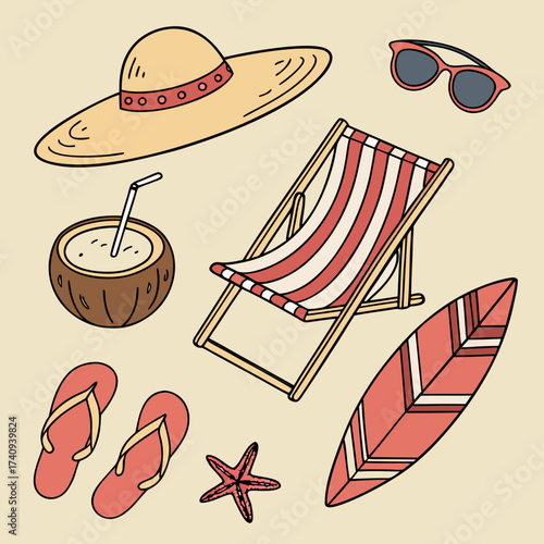 Collection of hand drawn summer beach vacation essentials including a hat sunglasses coconut drink deck chair surfboard flip flops and starfish