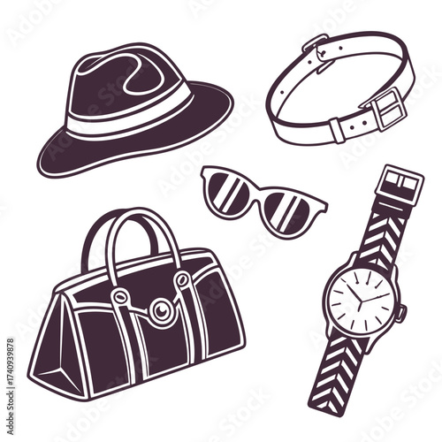 Collection of stylish men s accessories including a fedora hat sunglasses duffel bag belt and wristwatch presented as simple line art