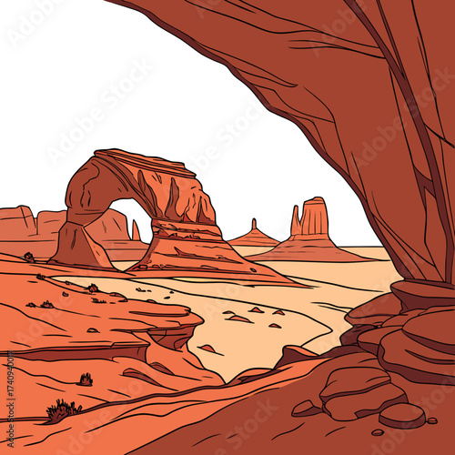 Iconic desert landscape with natural rock arch framing distant sandstone mesas and buttes under a clear sky