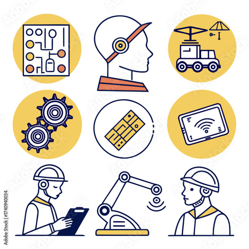 Modern technology and automation concepts illustrated with icons including robotics ai engineering and digital devices