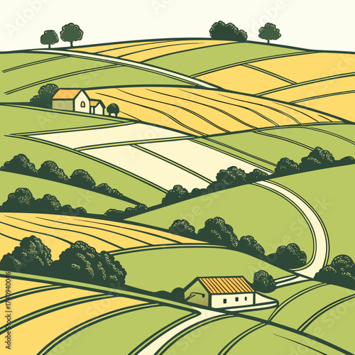 Rolling green and yellow agricultural fields with farmhouses and trees in a stylized illustration