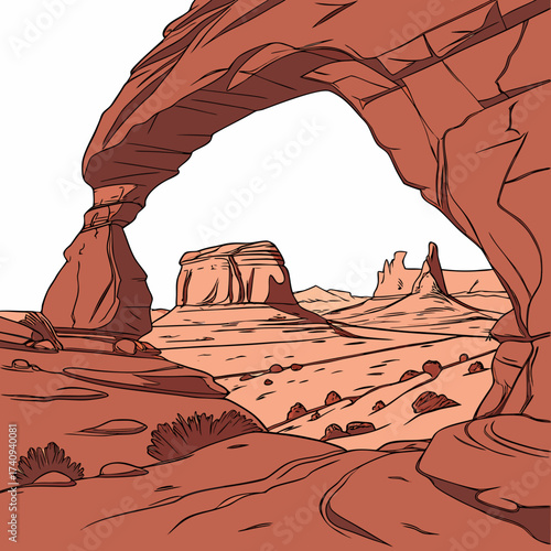 Stylized desert landscape viewed through a natural rock arch with sandstone formations and sparse vegetation under a white sky