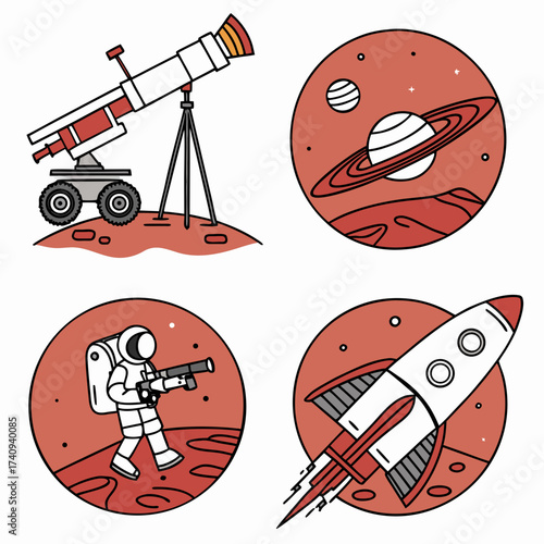 Stylized flat design illustrations of space exploration including a telescope rover astronaut and rocket on a red planet surface