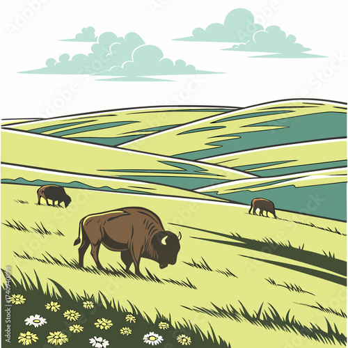 Stylized illustration of a herd of bison grazing peacefully in a rolling green meadow under a cloudy sky with wildflowers in the foreground
