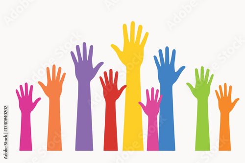 PrintDiverse group of colorful hands raised in the air