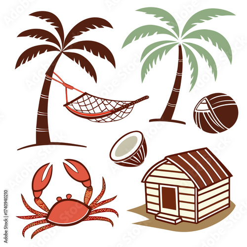 Tropical beach vacation elements including palm trees with a hammock coconuts a crab and a small beach hut