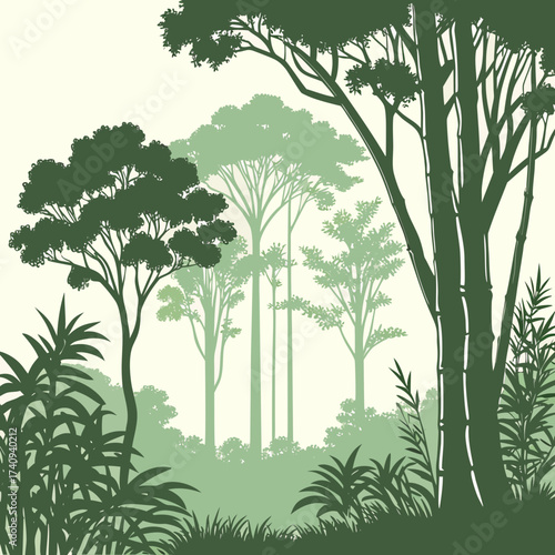 Stylized silhouette of a lush green forest with various trees and foliage in different shades of green against a light background
