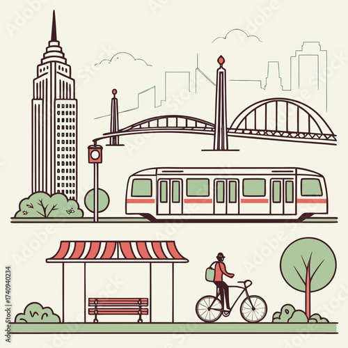 Urban cityscape illustration featuring a skyscraper train bridge bus stop and a person cycling symbolizing city life and transportation