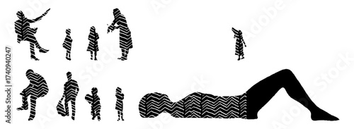 Vector illustration, Outline silhouettes of people, Contour drawing, people silhouette, Icon Set Isolated , Silhouette of sitting people, Architectural set