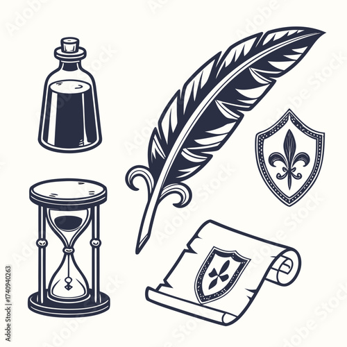 Vintage collection of writing and historical symbols including a quill pen hourglass potion bottle scroll and shields with heraldic symbols