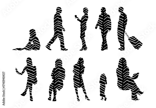 Vector illustration, Outline silhouettes of people, Contour drawing, people silhouette, Icon Set Isolated , Silhouette of sitting people, Architectural set