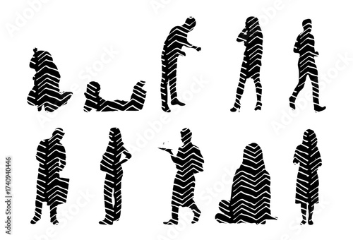 Vector illustration, Outline silhouettes of people, Contour drawing, people silhouette, Icon Set Isolated , Silhouette of sitting people, Architectural set
