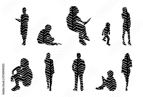 Vector illustration, Outline silhouettes of people, Contour drawing, people silhouette, Icon Set Isolated , Silhouette of sitting people, Architectural set