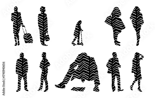 Vector illustration, Outline silhouettes of people, Contour drawing, people silhouette, Icon Set Isolated , Silhouette of sitting people, Architectural set