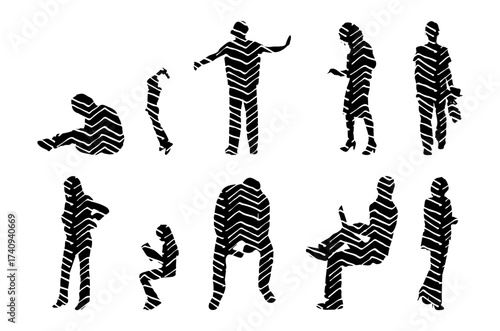 Vector illustration, Outline silhouettes of people, Contour drawing, people silhouette, Icon Set Isolated , Silhouette of sitting people, Architectural set