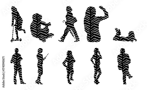 Vector illustration, Outline silhouettes of people, Contour drawing, people silhouette, Icon Set Isolated , Silhouette of sitting people, Architectural set