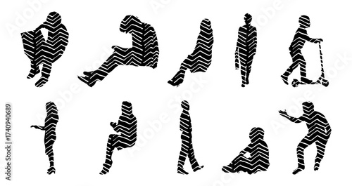 Vector illustration, Outline silhouettes of people, Contour drawing, people silhouette, Icon Set Isolated , Silhouette of sitting people, Architectural set