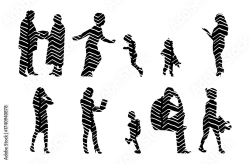 Vector illustration, Outline silhouettes of people, Contour drawing, people silhouette, Icon Set Isolated , Silhouette of sitting people, Architectural set