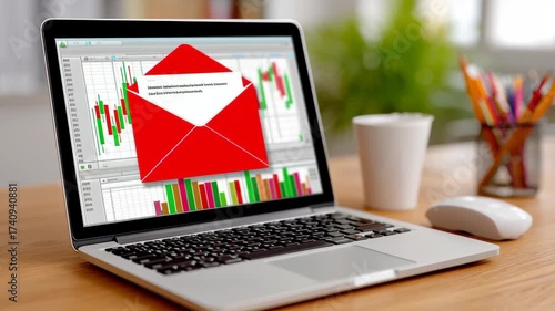 Laptop displaying financial data with a prominent red envelope graphic overlay, illustrating the concept of digital communication in business, emphasizing the connection between technology and informa