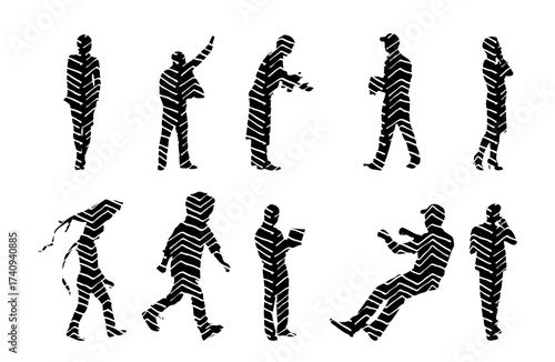 Vector illustration, Outline silhouettes of people, Contour drawing, people silhouette, Icon Set Isolated , Silhouette of sitting people, Architectural set