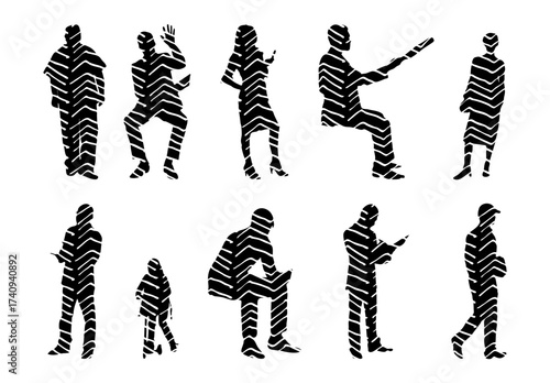 Vector illustration, Outline silhouettes of people, Contour drawing, people silhouette, Icon Set Isolated , Silhouette of sitting people, Architectural set